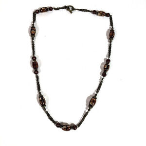 Glass Bead Station Necklace Multi Chain Brass and Bronze Colors 25" Retro Boho